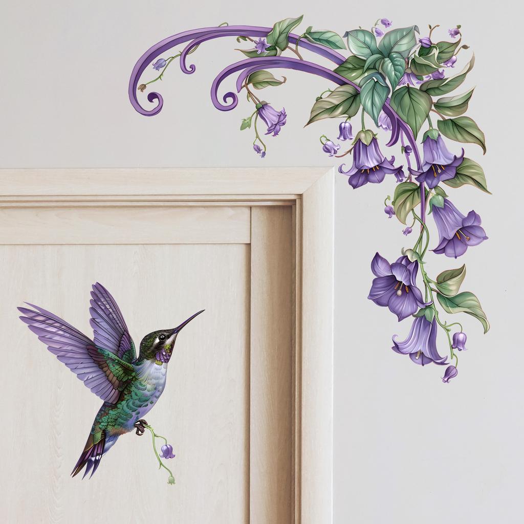 Creative Plant Flower Purple Hummingbird Wall Sticker Bedroom Headboard Living Room Sofa Background Wall Art