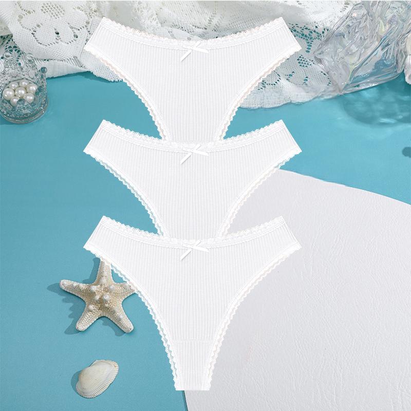 FINETOO 3PCS/Set Women Cotton Panties 5 Solid Color Low Waist Threaded G-string Lingerie Fashion Sexy thongBreathable Underpants