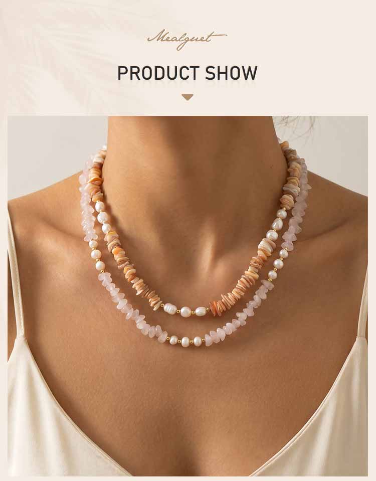 Natural Gemstone Chips Pearl Necklace for Women, Baroque Freshwater Bead Chain, Gold Plated Stainless Steel Jewelry Anti Tarnish