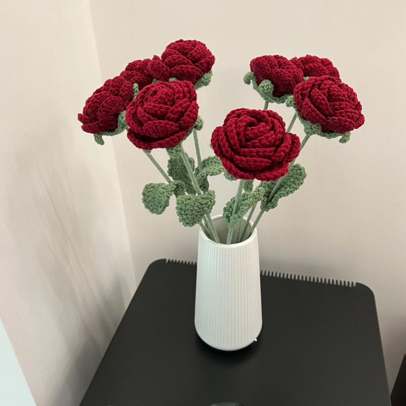 Single Stem Handmade Knitted Rose Flower Bouquet In Burgundy for Home and Wedding Decor