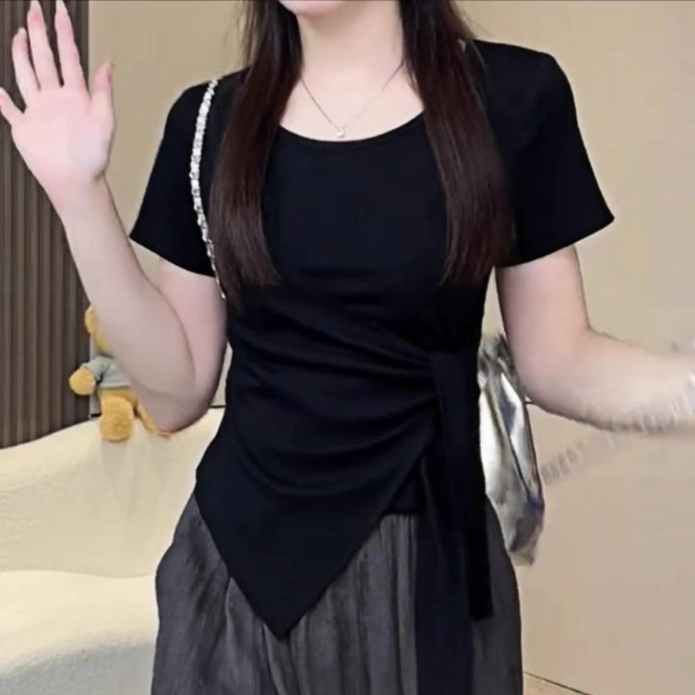 

Футболка женская с разрезами на ремешках, приталенная, с короткими рукавами, летняя, новая модная модель M чёрный