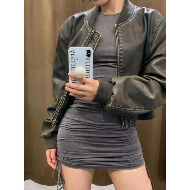 Vintage Jacke Herbst Damen Kunstleder Slim Pendler Stil Mantel Urban Chic