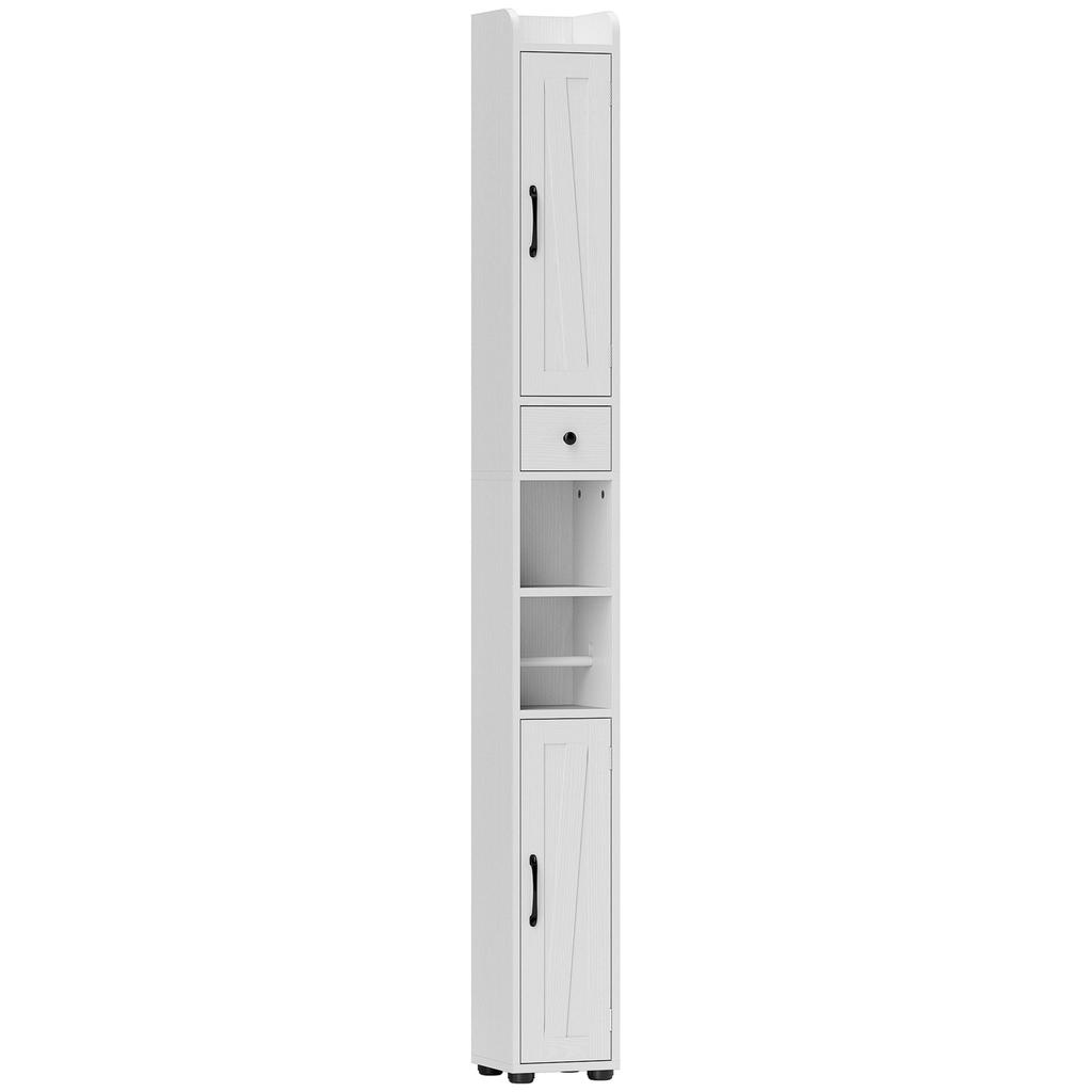 Tall bathroom cabinet, column storage unit, 2 doors, drawer, adjustable shelves, 20x20x185cm, white