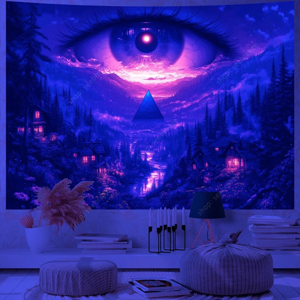 Psychedelic Eye of God UV Reactive Tapestry for Witchcraft Hippie Wall Hanging Bohemian Mandala Art Aesthetic Room Wall Decor