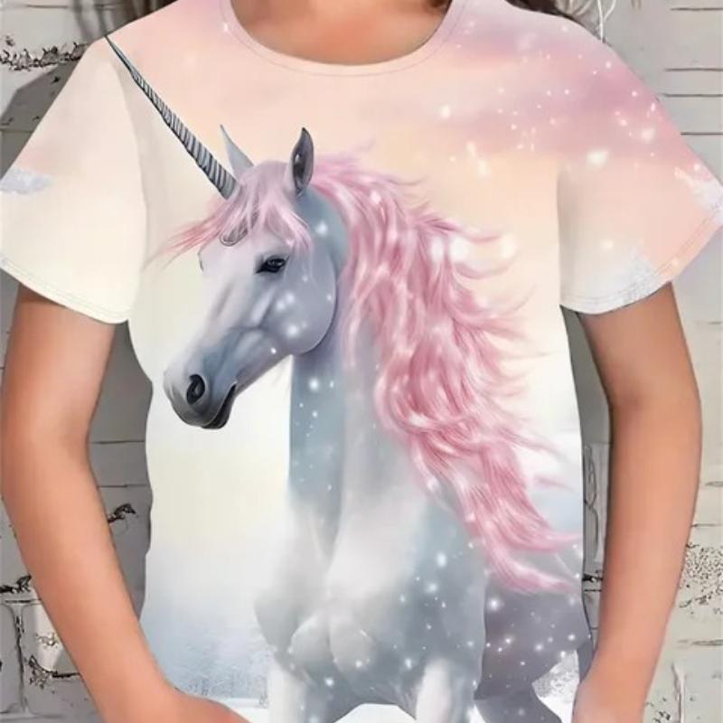 Children's Cartoon Unicorn Printed Colorful Round Neck T-shirt Girls Fashionable Soft Comfortable T-shirt