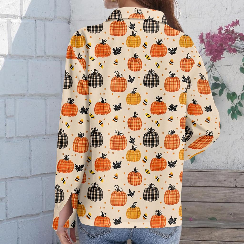 Women's Long Sleeve Button Down Shirt Casual Regular Fit Collared Top with Halloween Pumpkin Print Pattern for Seasonal Wear