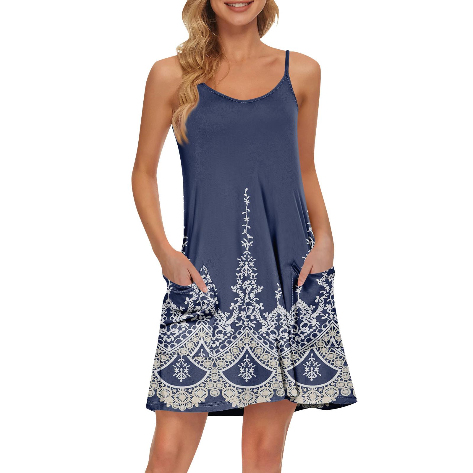 

Женский летний повседневный сарафан на бретелях с карманами, короткие пляжные платья-майки для отпуска XL тёмно-синий