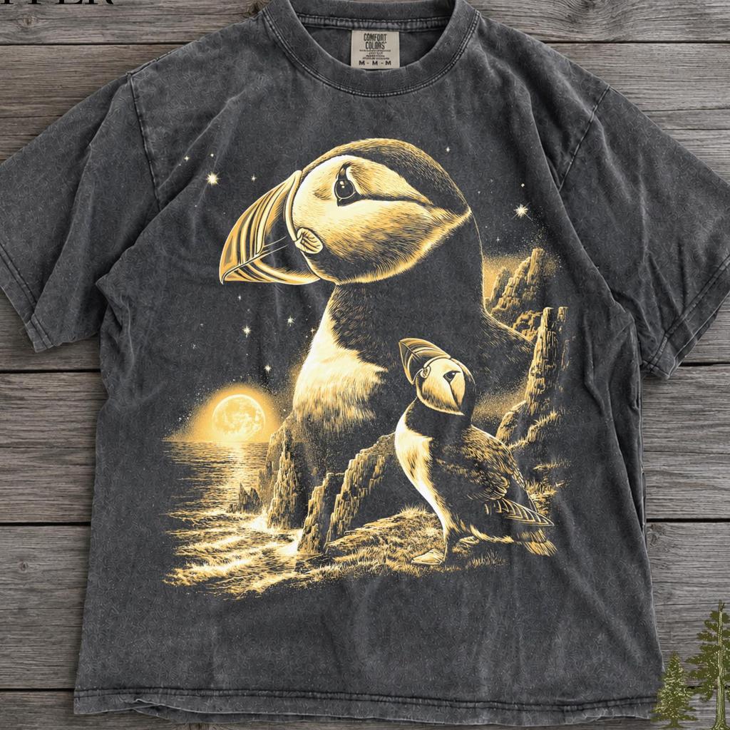 Puffin Looking to Moon Shirt, Vintage Puffin Bird Tee, Retro Seabird Graphic Shirt, Puffin Lover Gift, Funny Coastal Bird Tee