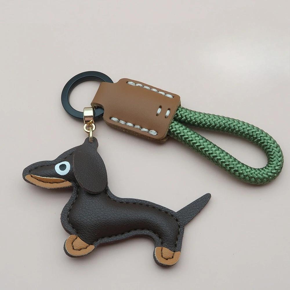 Custom Number Sausage Dog Leather Keychain Pendant Personalized Cartoon Keyring with Braid Rope Bag Car Key Ring