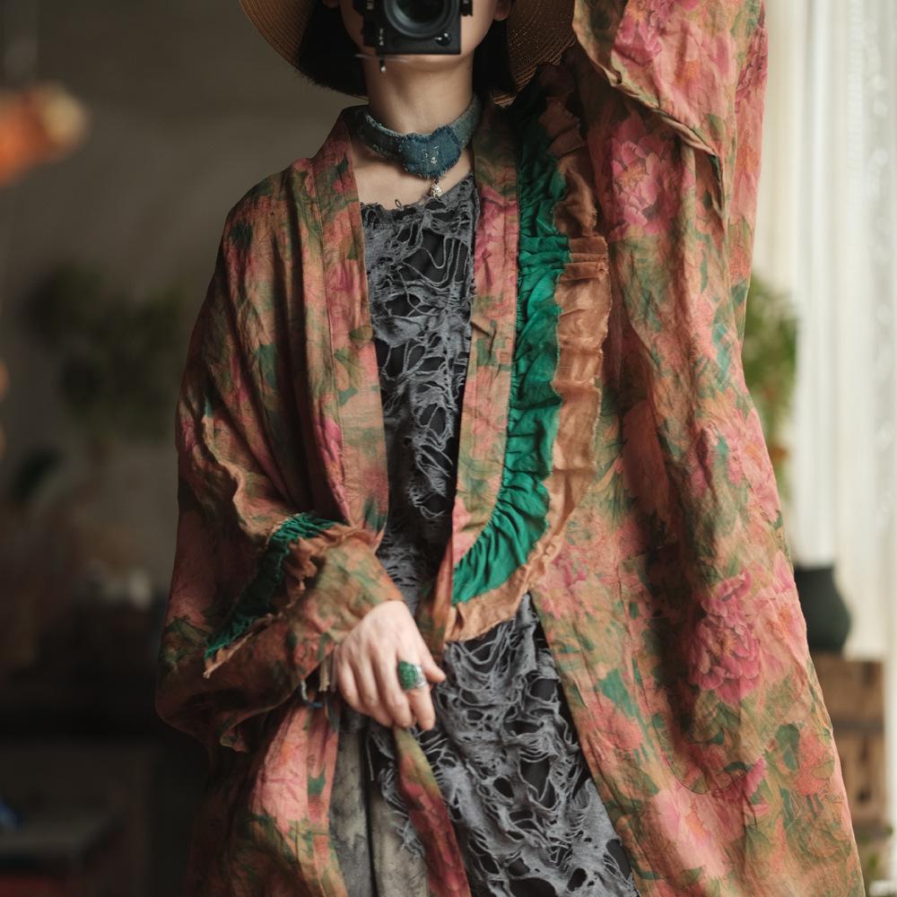 Johnature Camicie Vintage da Donna Stampa Floreale Top Primavera Stile Cinese Manica Lunga Patchwork Alta Qualità Camicie Lunghe