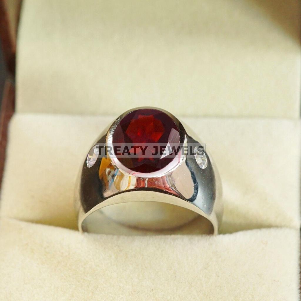 Garnet Oval Cut Gemstone With 925 Sterling Silver Ring For Men's #B75 JL375671375966