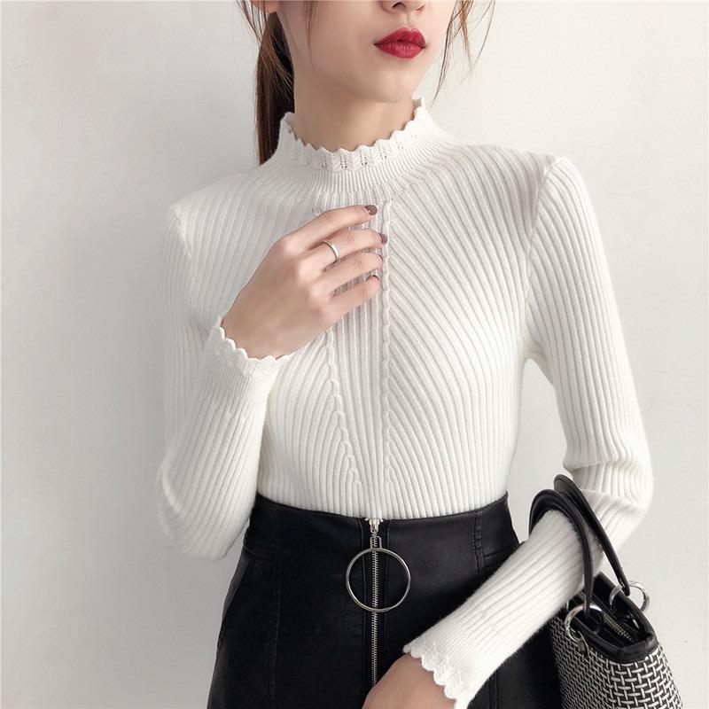 

Autumn Winter Semi-turtleneck Pullover Knitted Women Sweater Solid Color Long Sleeved Casual Simple Basic Loose Slim Bottoming Shirt Outer Inner Top One Size білий