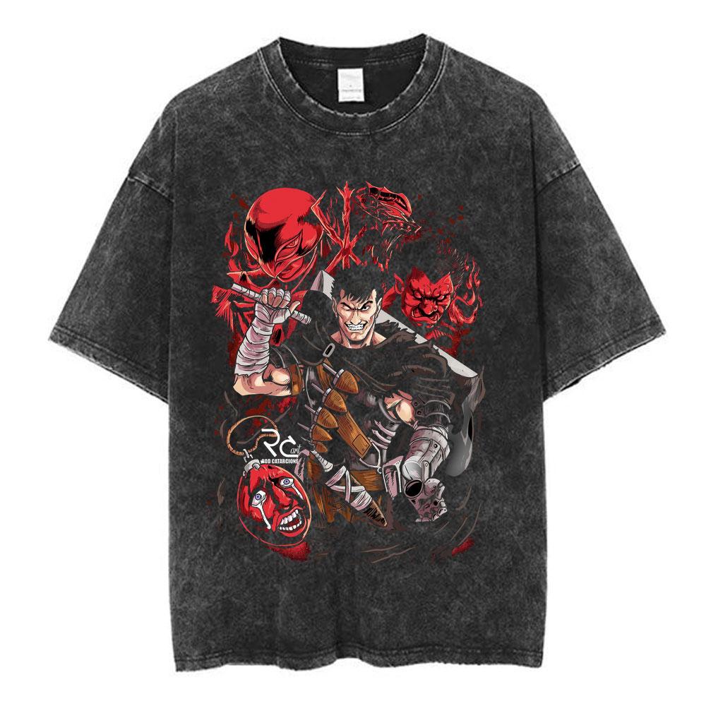 Japanese Anime Berserk Guts Vintage Washed T Shirt Griffith Swordsman Gatsu Sacrifice Zodd T-shirts Unisex Cotton Casual T-Shirt