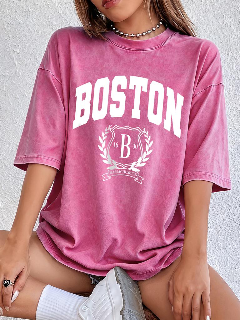 Boston Persönlichkeitsaufdruck Gewaschene T-Shirts Damen Baumwolle Oversize T-Shirt Lässig Weiche Kurzarm-Tops Sommer O-Ausschnitt Kleidung