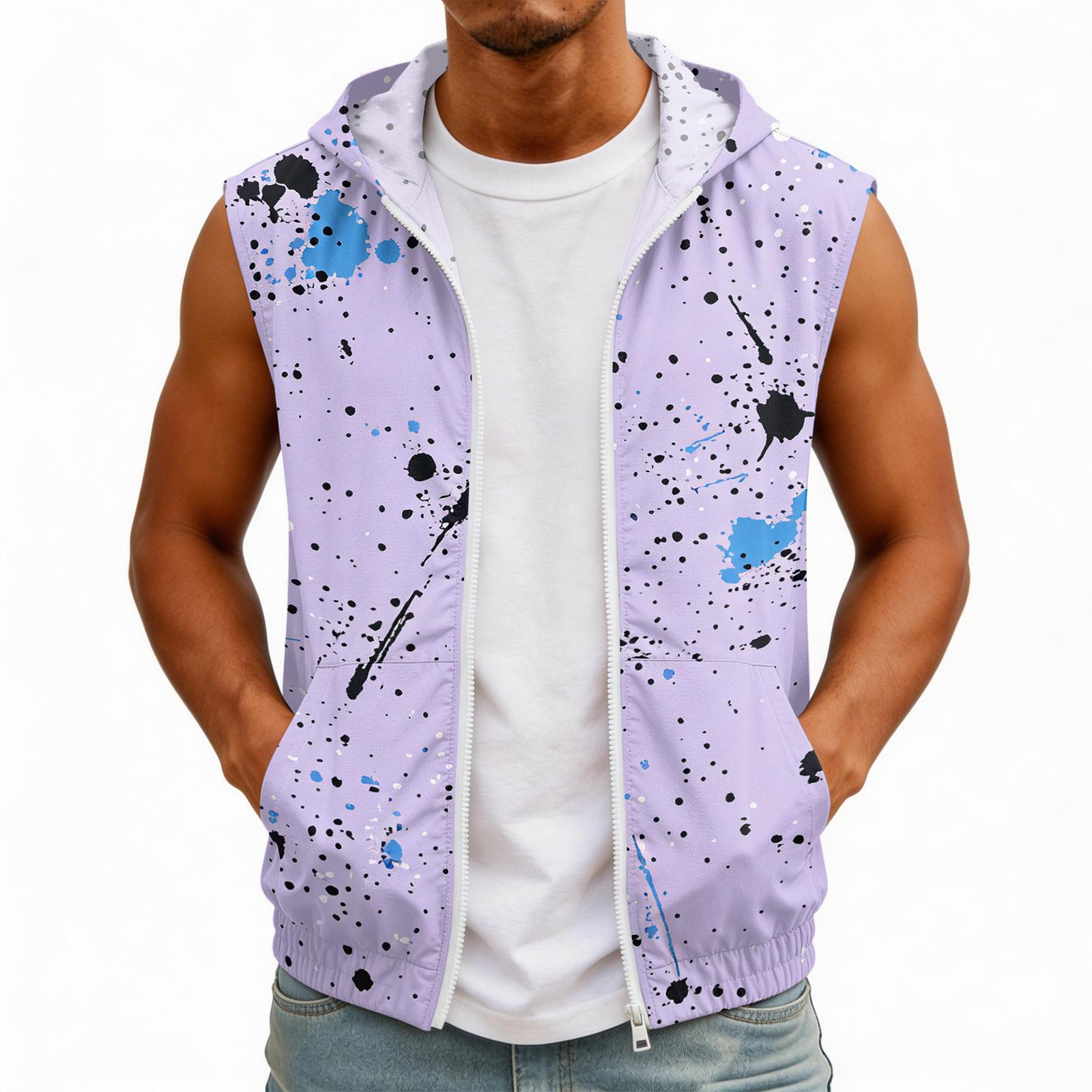 

Men s Sleeveless Hooded Sun Protection Vest Lightweight with Pockets Ink Style Print Outdoor Sportswear S фіолетовий