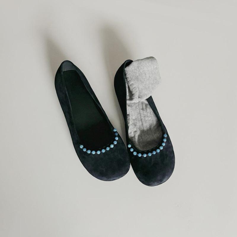 Retro Shallow Leather Small Single Shoes Women's One-pedal Round Head Grandma Shoes Beaded with Skirt Flats