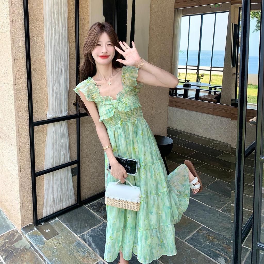 Women Green Floral Maxi Dress, Ruffle Sleeve Tiered Vacation Dress