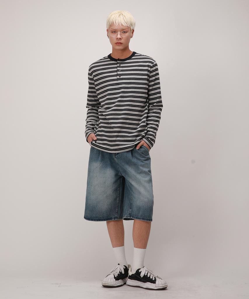 Dibellobeu Striped Henley Neck Long Sleeve_Navy