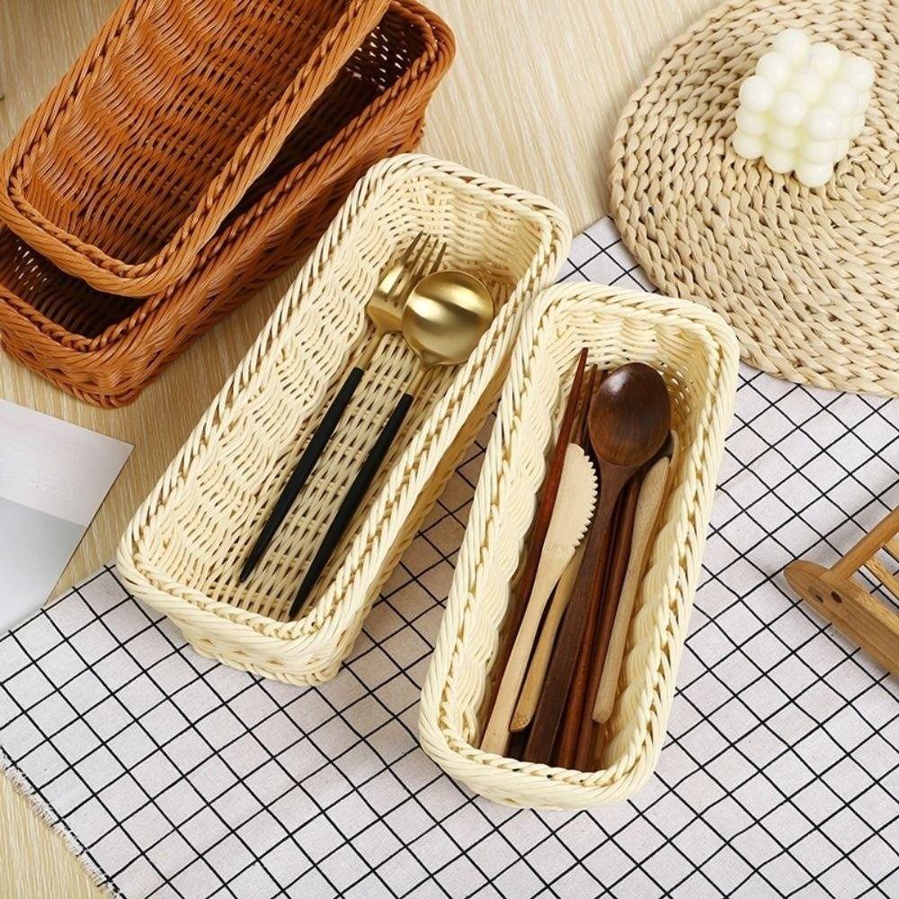 Rectangular Imitation Rattan Storage Basket Simple Plastic Picnic Basket Chopsticks Spoons Forks