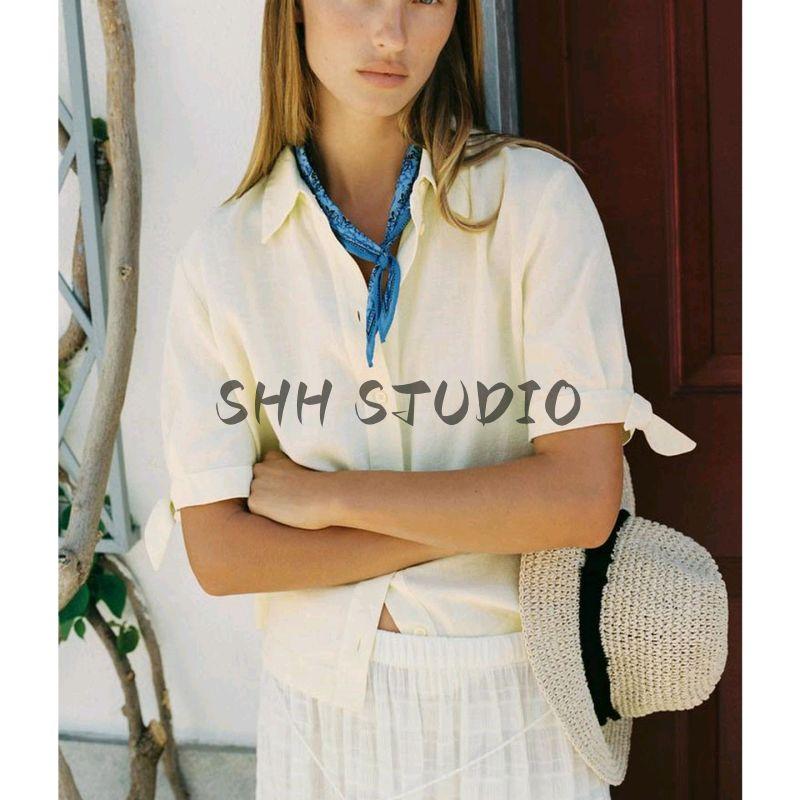 Summer New Product Women's Clothes Casual Style Lapel Ramie Blended Short Sleeve Bows Shirt Tops 8206730