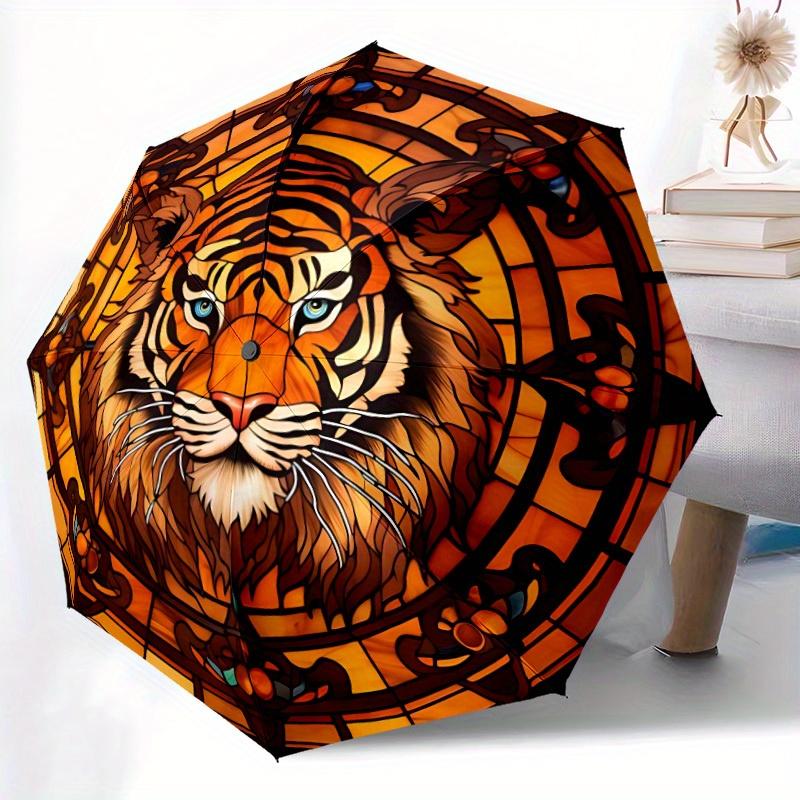 1pc Tiger StainedGlass Automatic Open/close Folding Compact Umbrella, 8-Rib Sturdy Canopy, Lightweight Portable, Everyday Use, Gift, Outdoor Umbrella,