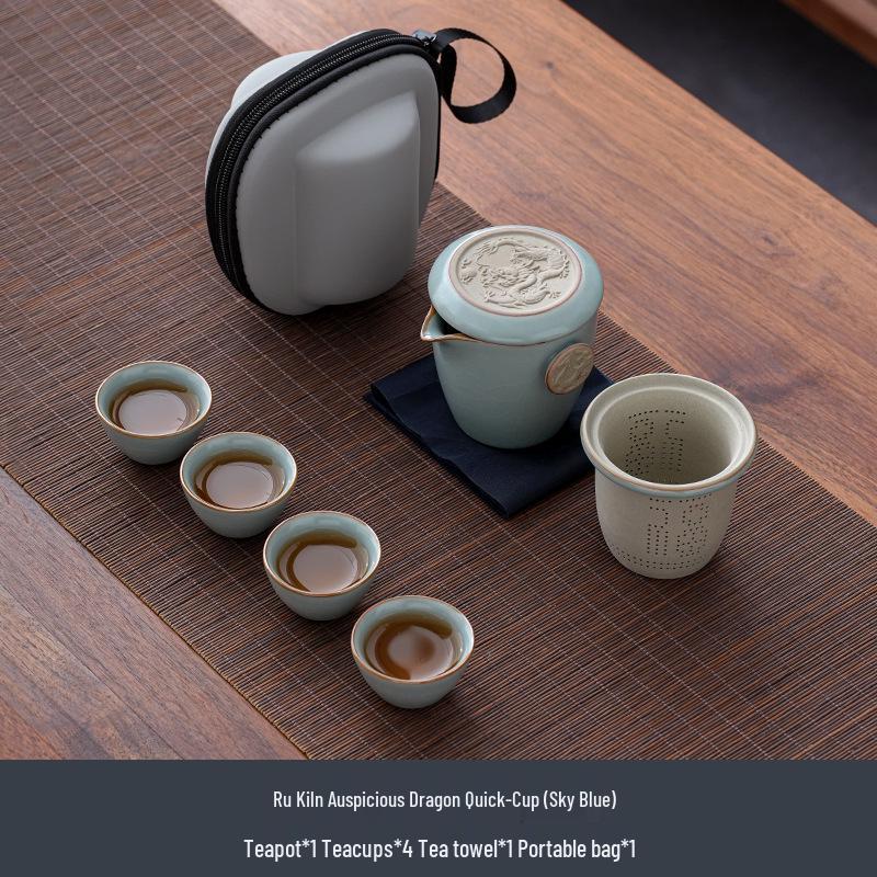Compact Ru Kiln Travel Tea Set: Portable Quick-Brew Teapot & Teacups for One