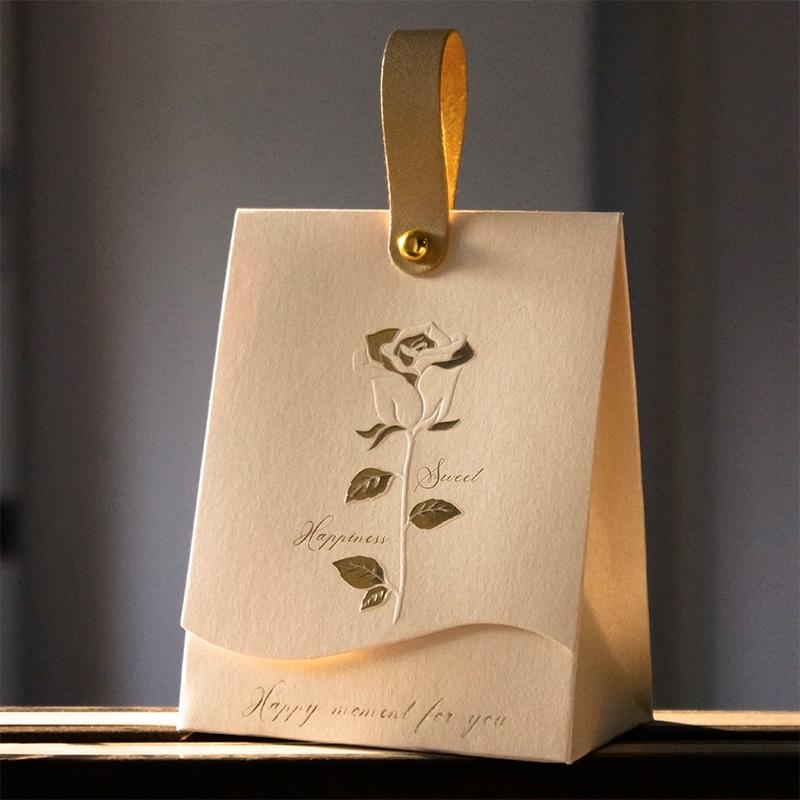 2025 Creamy White Retro French Handbag with Champagne Bow Textured Design - Wedding Candy Box