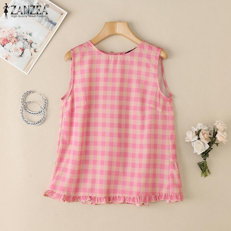 

ZANZEA Women Casual Round Neck Grid Print Sleeveless Tank Tops M рожевий