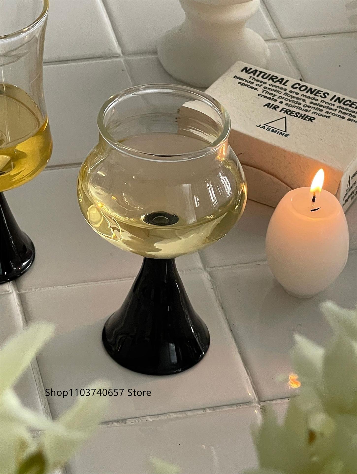

Vintage Transparent Colorblock Glass Champagne Glass Nordic Entry Luxury Creative Wine Glass Black Round Household Goblet 201-300ml