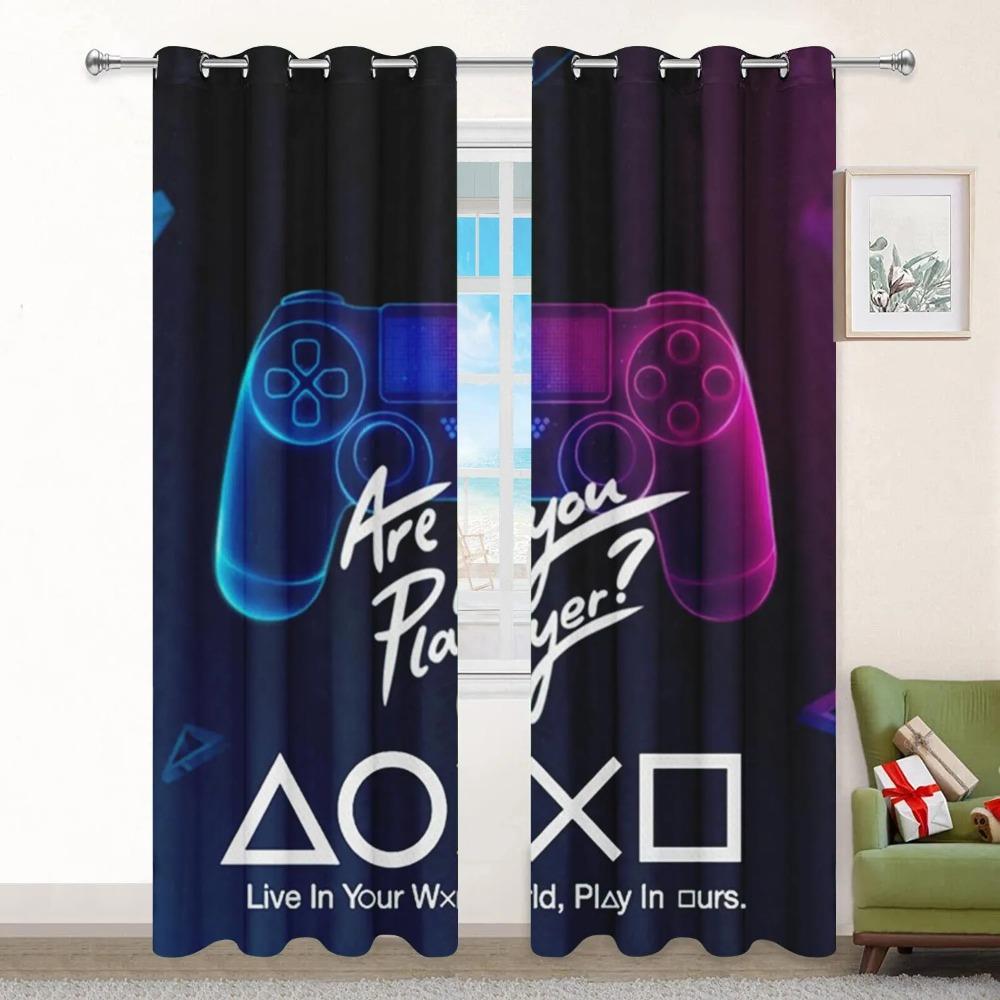 Lightning Blue Red Gamepad Patterned Curtain For Bedroom Space Living Room Space Playroom Window Drapes Wall Decors With Free Accessories