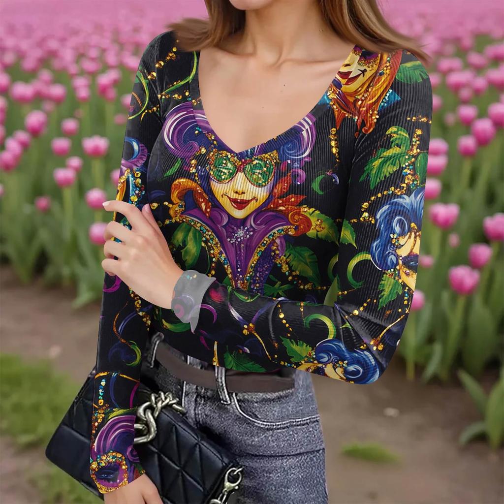 Damen Winter Slim-Fit Baselayer T-Shirt Modischer Druck V-Ausschnitt Pullover Langarm-Oberteil