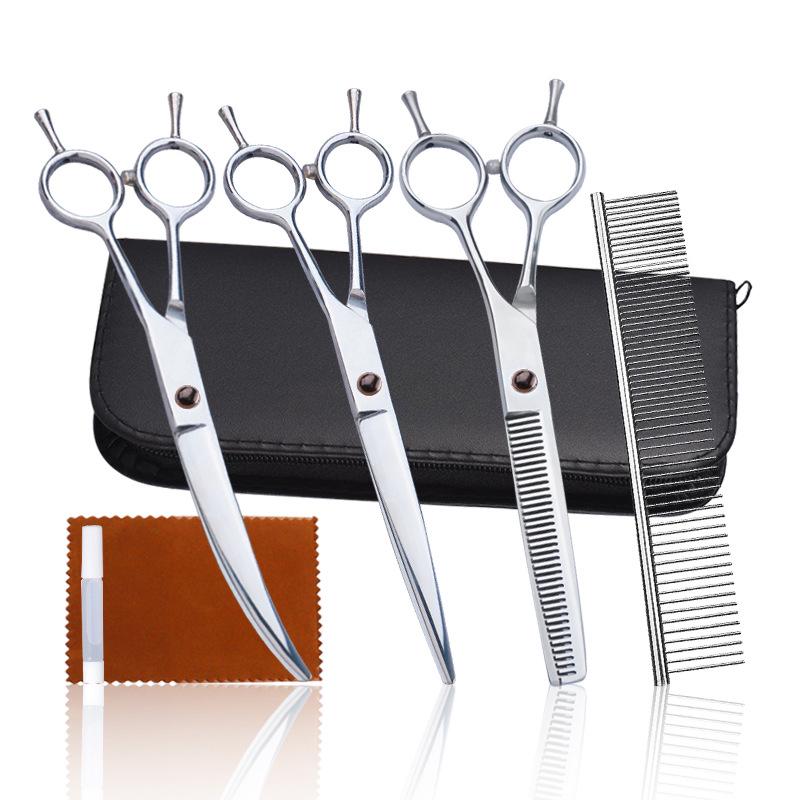 Professional Pet Grooming Hair Trimming Set: Curved & Serrated Scissors for Dogs