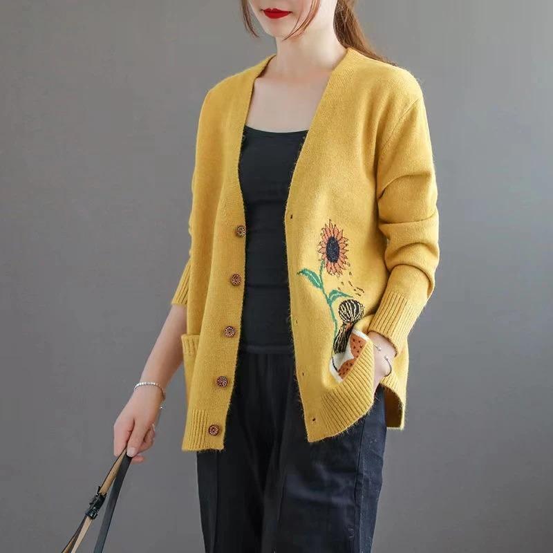 Women S Vintage V Neck Long Sleeve Knit Cardigan Loose Fit Thin Sweater Coat