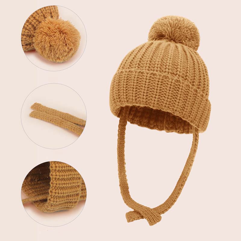 2Pcs Baby Strickmützen Handschuhe Niedliche Kinder Haarballenmütze Gehörschutzkappe Herbst Winter Einfarbig Säugling Outdoor Zubehör Set