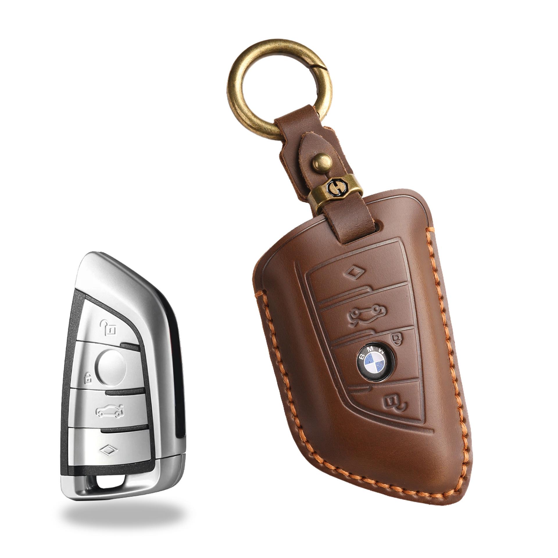 

Retro key cover is suitable for BMW 5 series blade key bag, genuine leather car key case, cowhide new keychain. коричневий