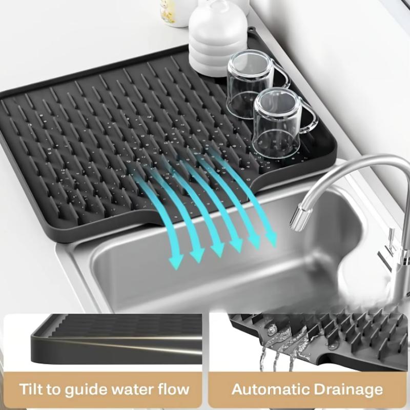 Silicone Drain Mat Waterproof Built-in Drainage Design 1Pcs Heatproof Pad for Kitchen Sink Countertop Under Dish Rack