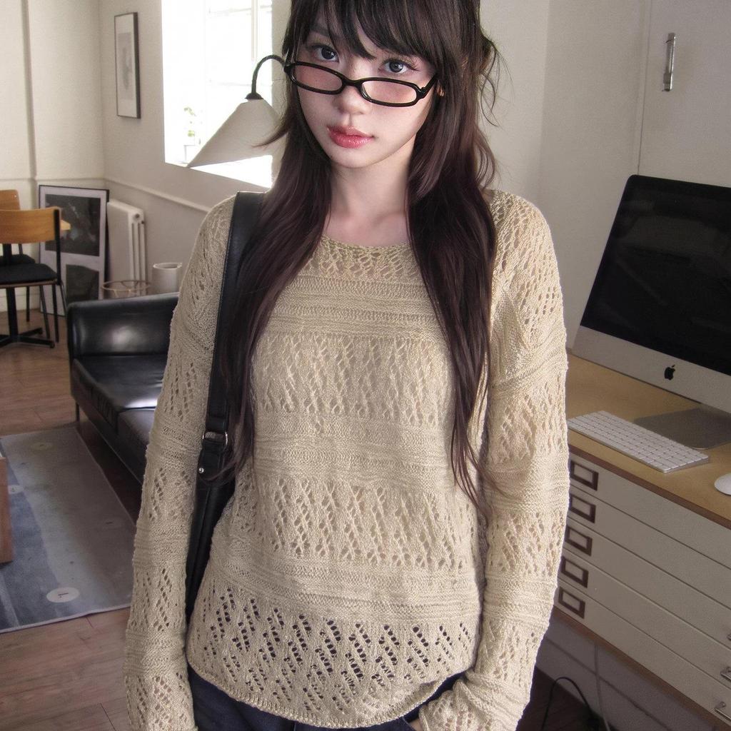Relaxed Autumn 2026 Women's Crochet Cardigan - Loose Knit, Round Neck, Lazy Hollow Texture Knit Top.