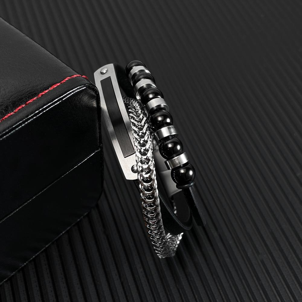 Europejska i amerykańska ręcznie robiona modna męska czarna asymetryczna skórzana bransoletka Wielowarstwowa męska tkana skórzana bransoletka