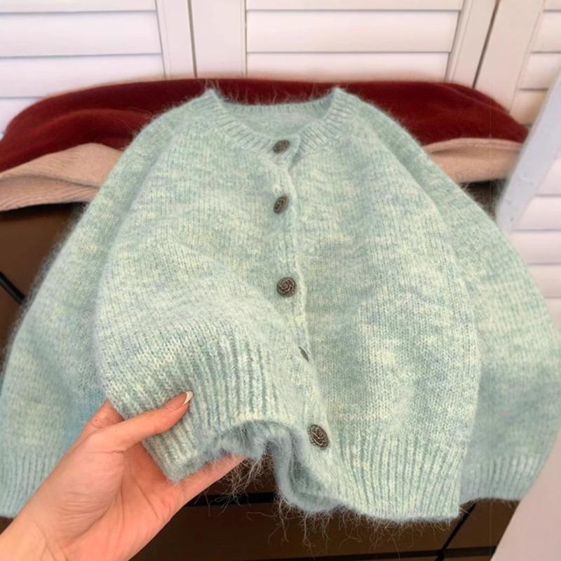 Green Soft Waxy Mohair Sweater Jacket Women's Autumn and Winter Thickened Lazy Short Cashmere Wool Knitted Cardigan Outer Wear
