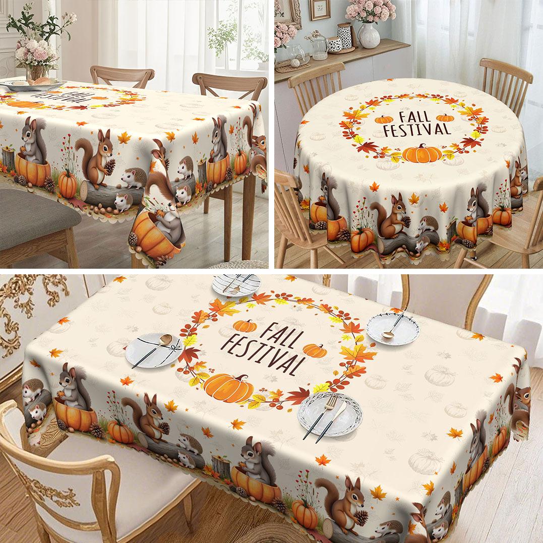 

Cute Little Squirrel With Golden Pumpkin, Pastoral Waterproof Tablecloth Between Maple Leaves And Acorns Thanksgiving Decoration Round tablecloth-152x152cm