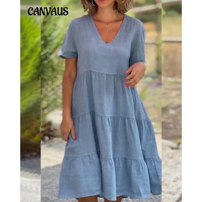 Summer Women's Fresh Sweet V-neck Solid Colour Swing Casual Short Dress