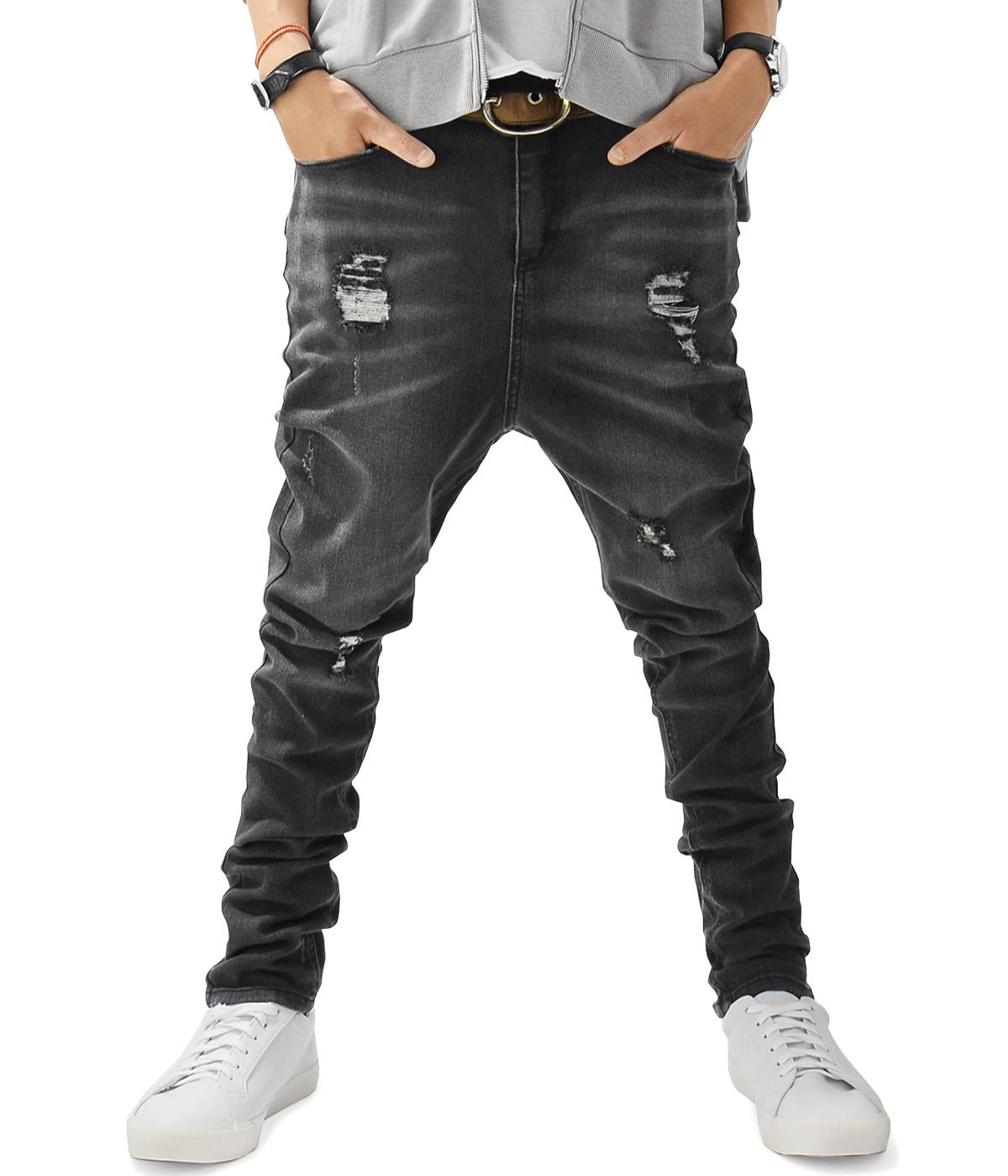 

[ASH] Distressed Stretch Sarouel Denim Pants (L, Matte Black)