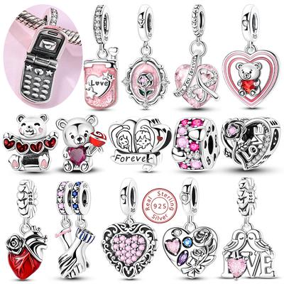 Original Valentine'S Day Charms Bead Pendent Copper Heart Love Rose Bear Charms Fit Bracelet Bangle Woman Diy Jewelry Gift