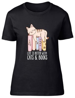 Life Is Better with Cats and Books World Book Day Womens T-Shirt Ladies Gift Tee