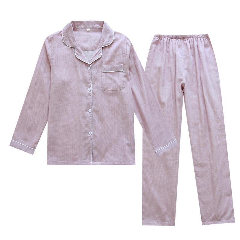 Simple color woven yarn pure cotton pajamas set couple casual long-sleeved trousers autumn outdoor loungewear