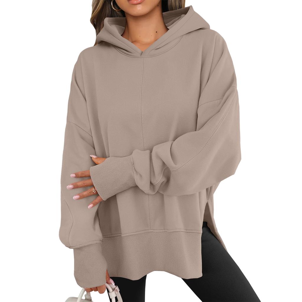 Women's Solid Color Slit Round Neck Sweatshirt Casual Top Loose Long Sleeved Top
