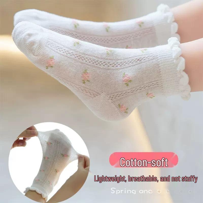 Girls' Summer Breathable Pure Cotton Mesh Socks - Lightweight & Short for Children