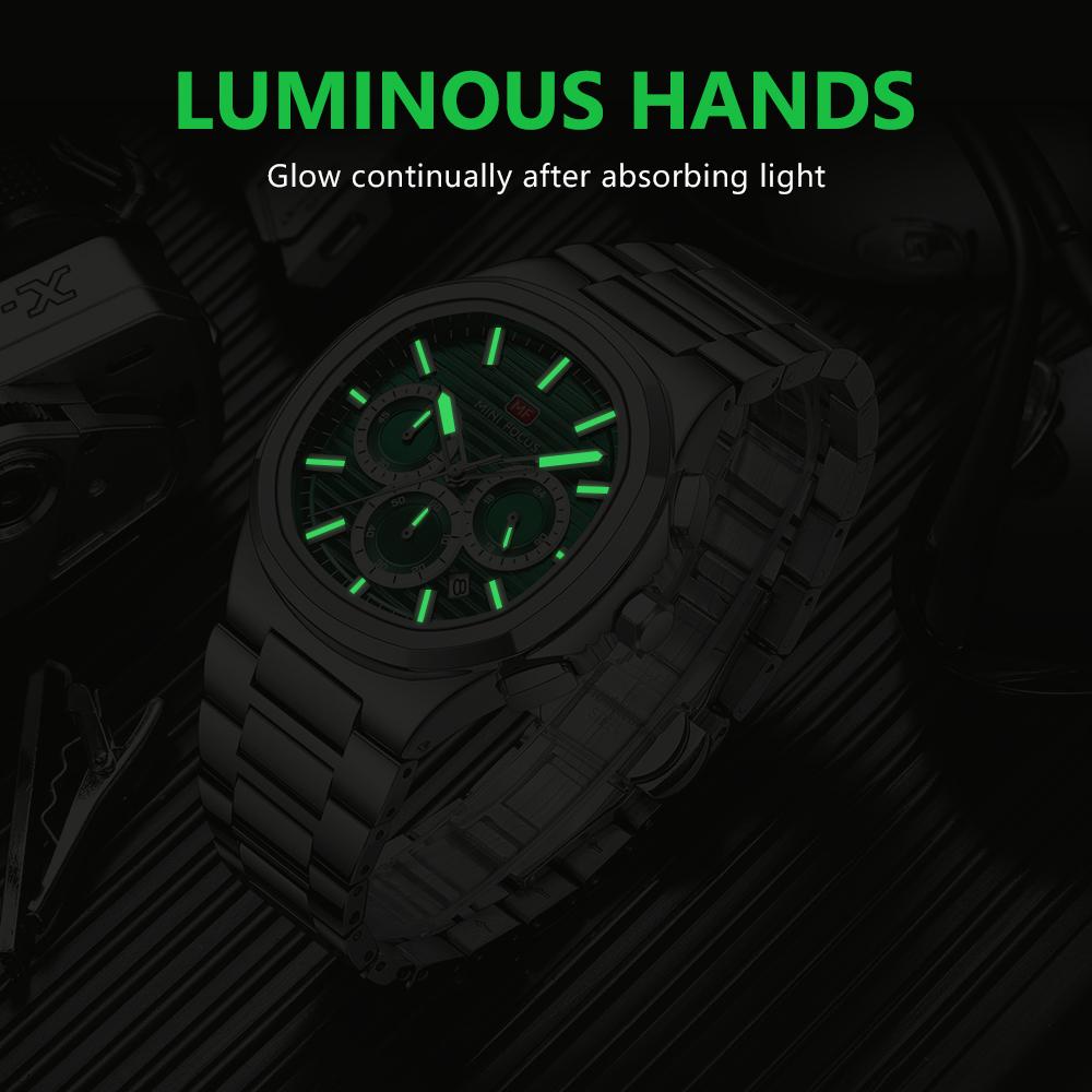 MINI FOCUS Fashion Multifunctional Quartz Watch for Men Luminous Hands Calendar Stainless Steel Strap Business Mens Watches