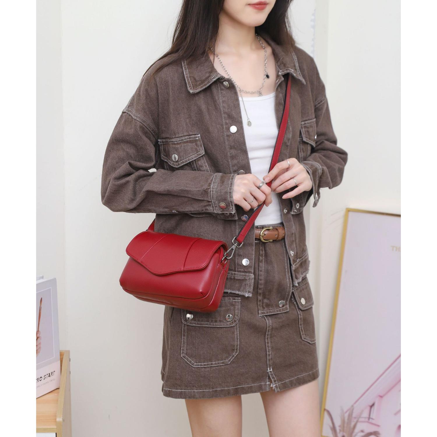 

Новая повседневная женская сумка из коровьей кожи, сумка-мессенджер через плечо среднего размера, женская сумочка, большая вместимость и несколько отделений. бордовый