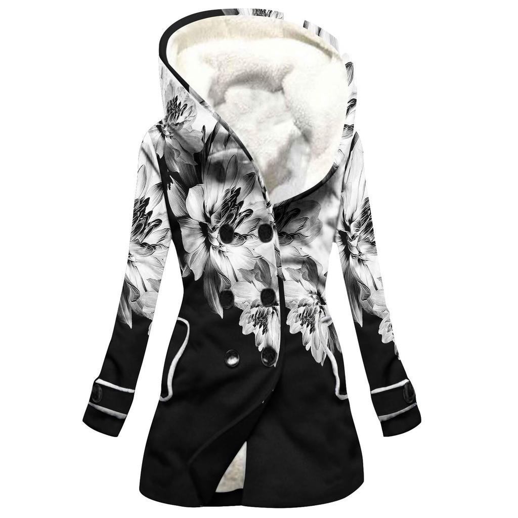 Große Jacke für Damen mit warmer und plüschiger Kapuzenjacke mit geometrischem Aufdruck und Taschen